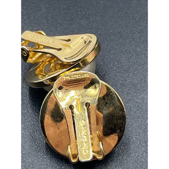 CHRISTIAN DIOR Vintage Designer Signed Gold Plated Faux Pearl Clip On Earrings - Picture 10 of 14